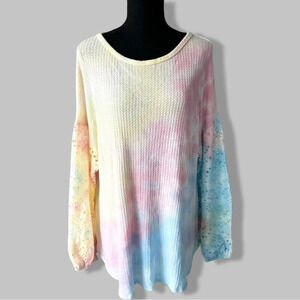 Chrysanthemum Oversized Balloon Sleeve Tie Dye Patchwork  Knitted Top